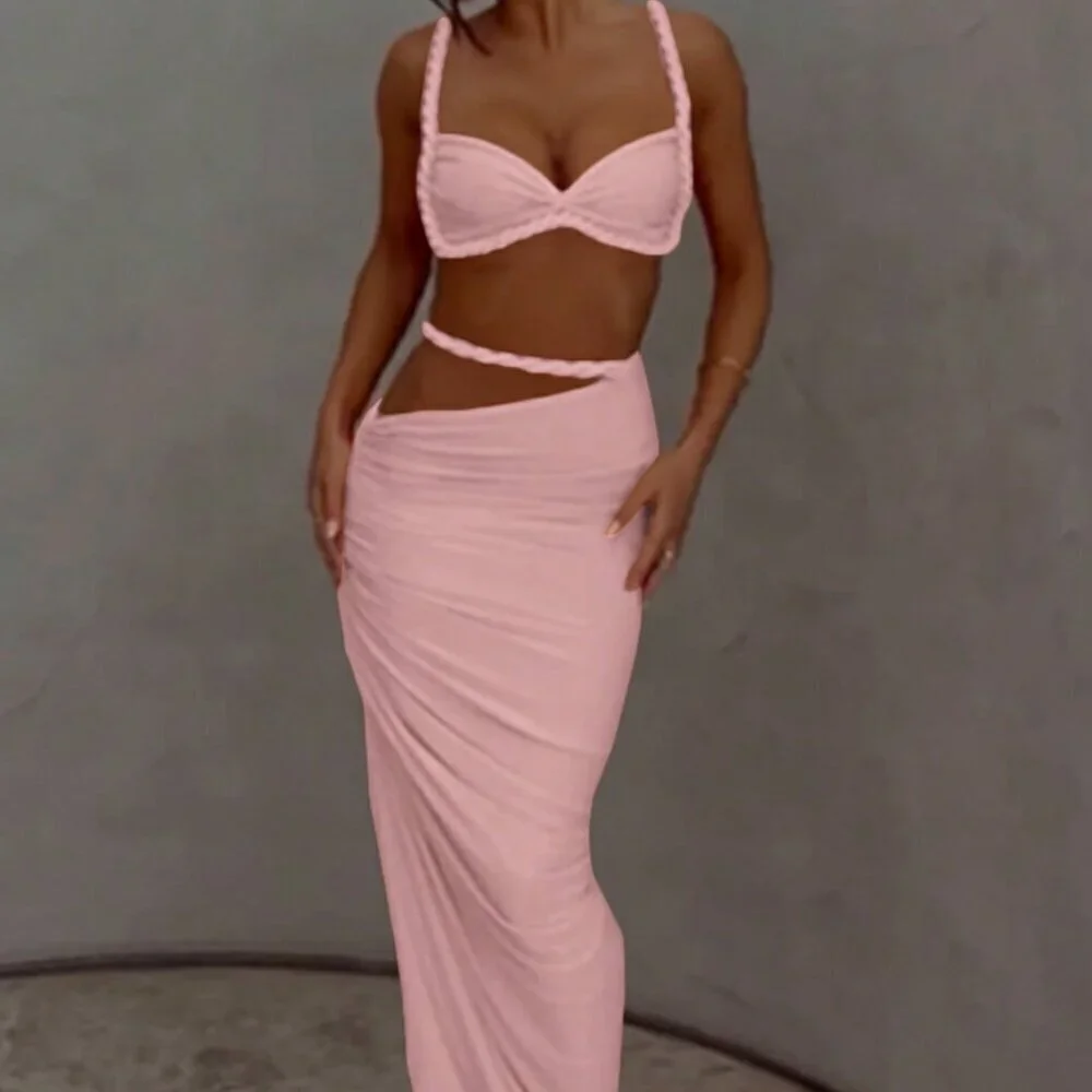 Pink Women's Sexy cropped top & Hip Hugging maxi Skirt Set
